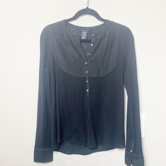 Theory Black Wool Blend Henley Long Sleeve Blouse Pleated Yoke Top Medium - Picture 5 of 8